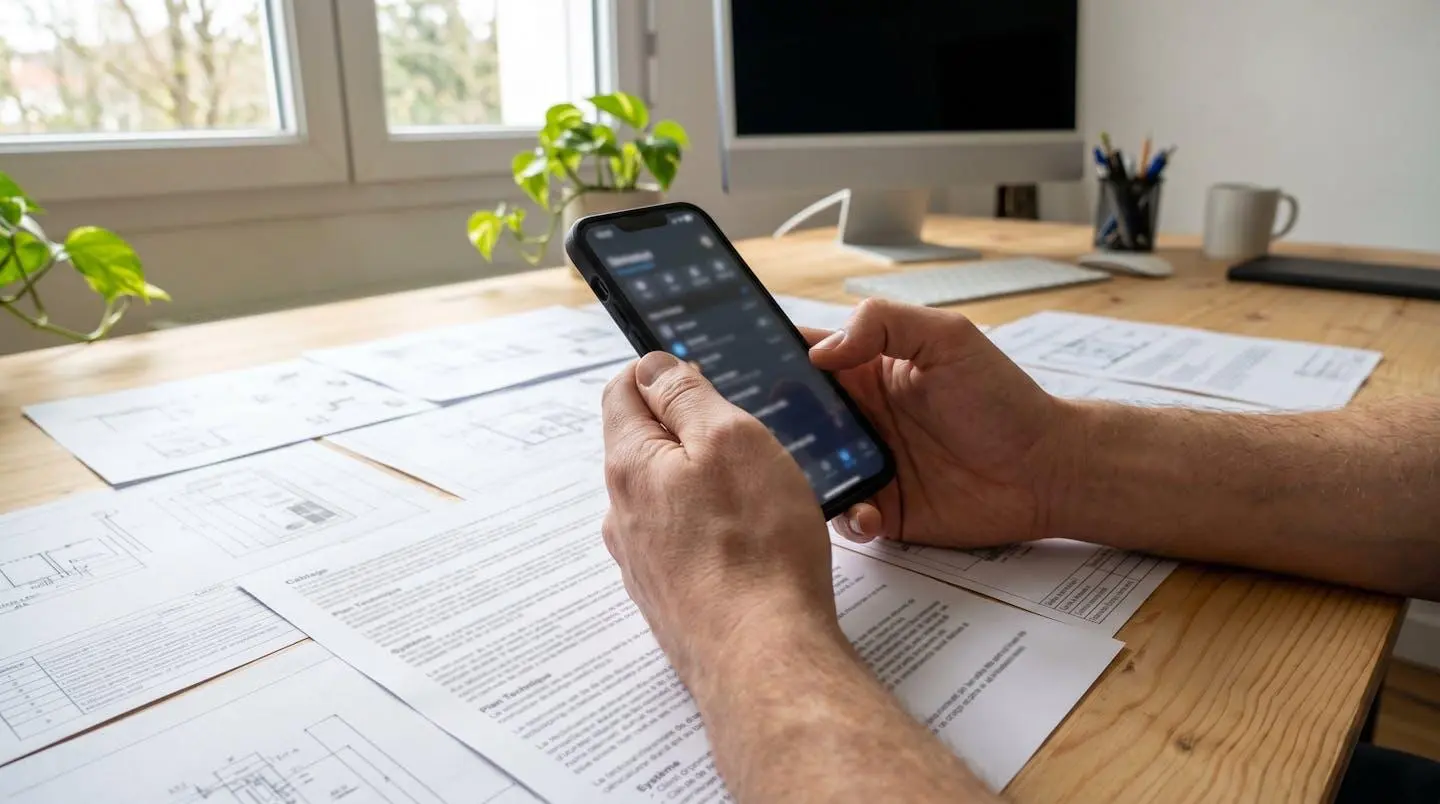 Mains tenant un smartphone au-dessus d'un bureau avec documents techniques imprimés, dans un espace de travail lumineux et contemporain