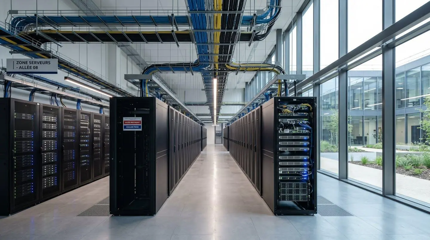 Vue grand angle d'une salle de serveurs moderne avec rangées de baies de brassage réseau et câbles Ethernet organisés, éclairée par lumière naturelle et LED