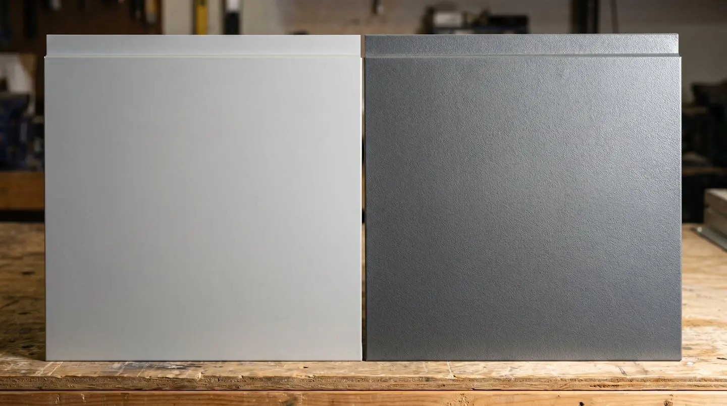 Gros plan comparatif de deux panneaux de porte de garage sur établi : aluminium à finition lisse gris clair à gauche, acier galvanisé texturé gris anthracite à droite, éclairage révélant texture