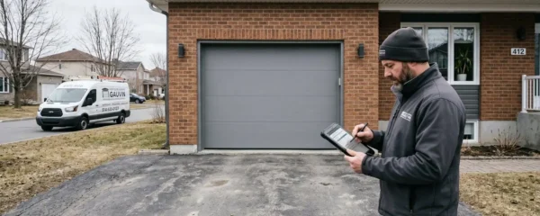 Technicien certifié inspectant une porte de garage en aluminium sur façade résidentielle typique de la Rive-Sud de Montréal, véhicule de service en arrière-plan, contexte fin d'hiver québécois avec ciel couvert