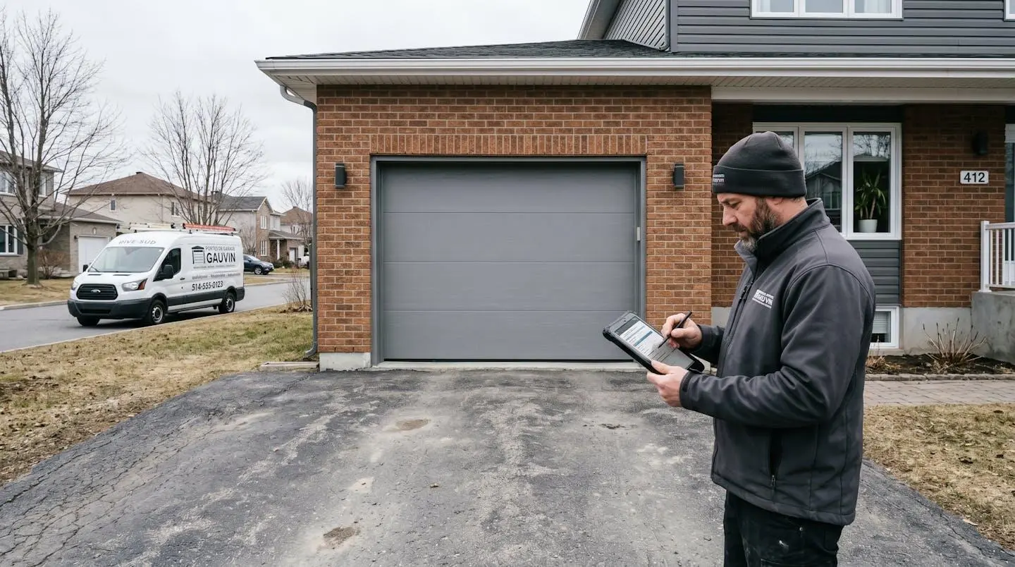 Technicien certifié inspectant une porte de garage en aluminium sur façade résidentielle typique de la Rive-Sud de Montréal, véhicule de service en arrière-plan, contexte fin d'hiver québécois avec ciel couvert