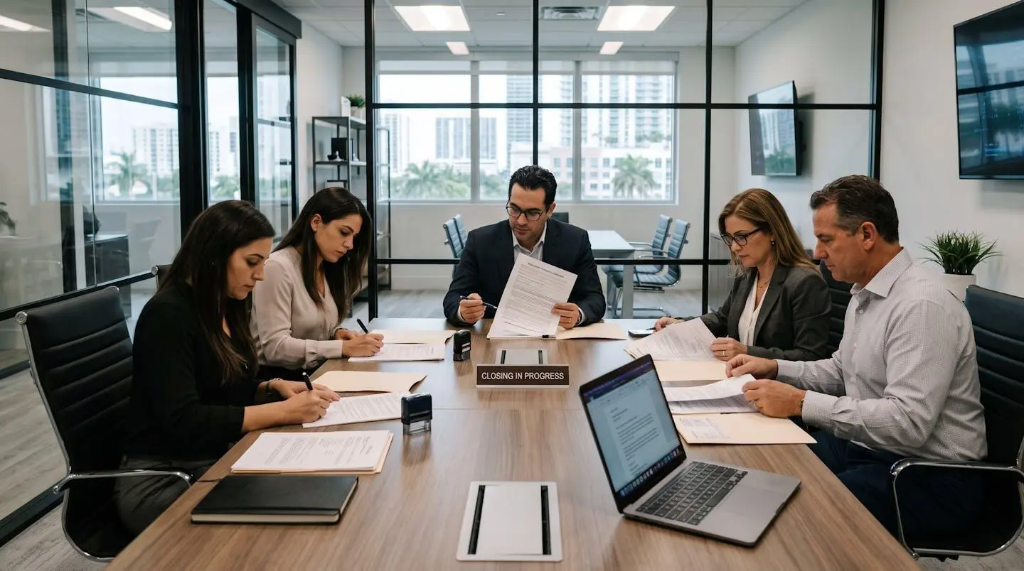 Bureau professionnel d'une title company à Miami avec table de conférence et documents immobiliers pour le processus de closing