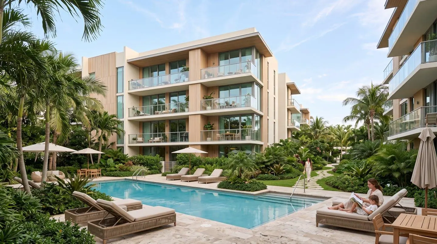 Complexe résidentiel moderne à Aventura avec piscine, jardins paysagers et architecture contemporaine destiné aux familles expatriées