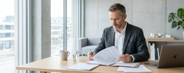 Dirigeant de PME consultant ses documents d'assurance dans un bureau contemporain lumineux