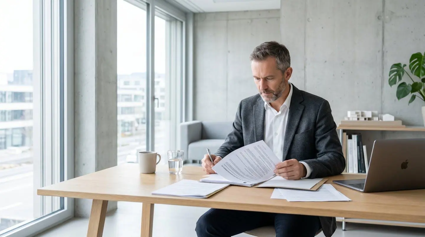 Dirigeant de PME consultant ses documents d'assurance dans un bureau contemporain lumineux