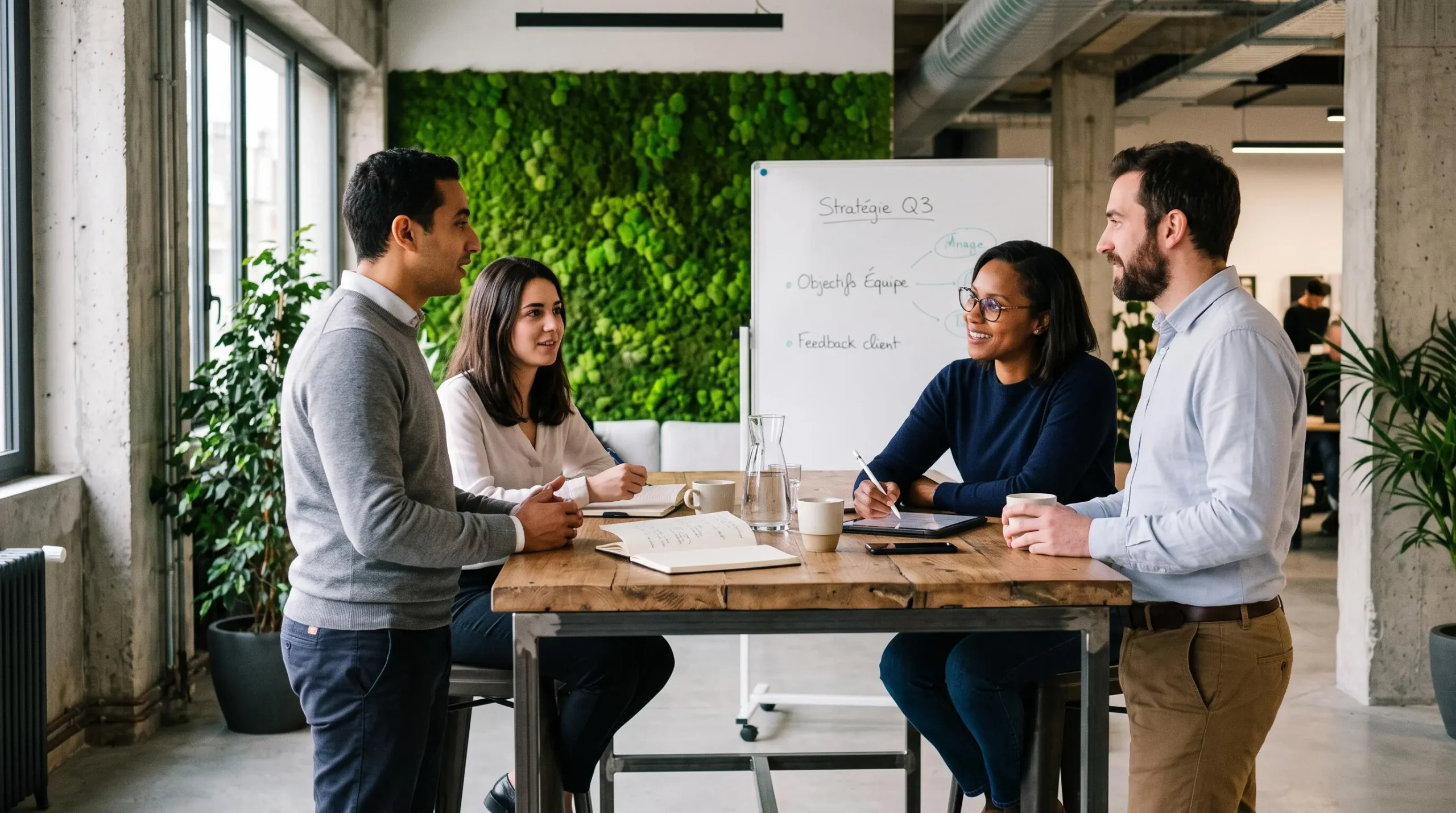 Petite équipe et manager en réunion de débriefing collaborative post-team building dans un espace de travail moderne, avec prise de notes et échanges engagés