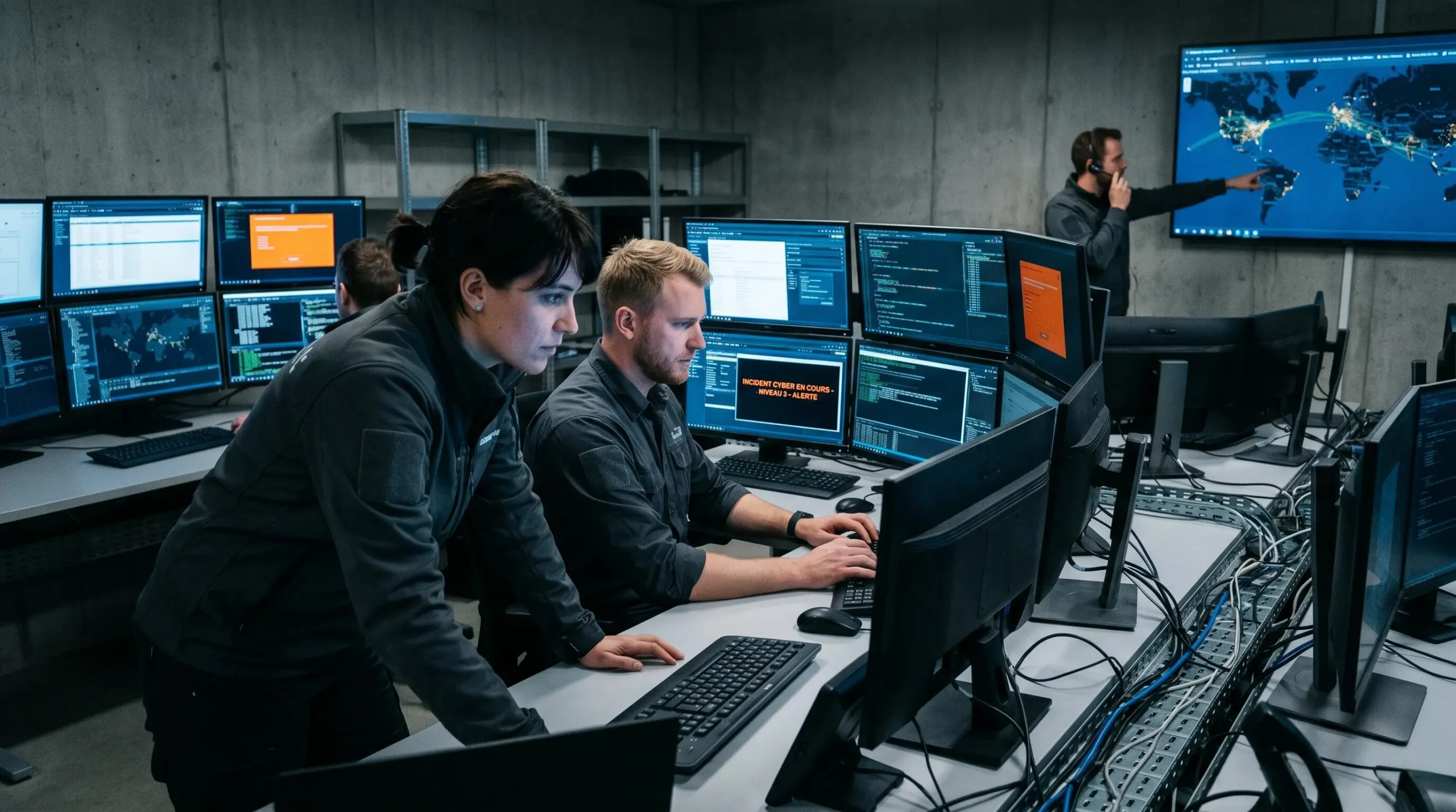 Équipe technique gérant une crise cybersécurité dans un environnement informatique moderne