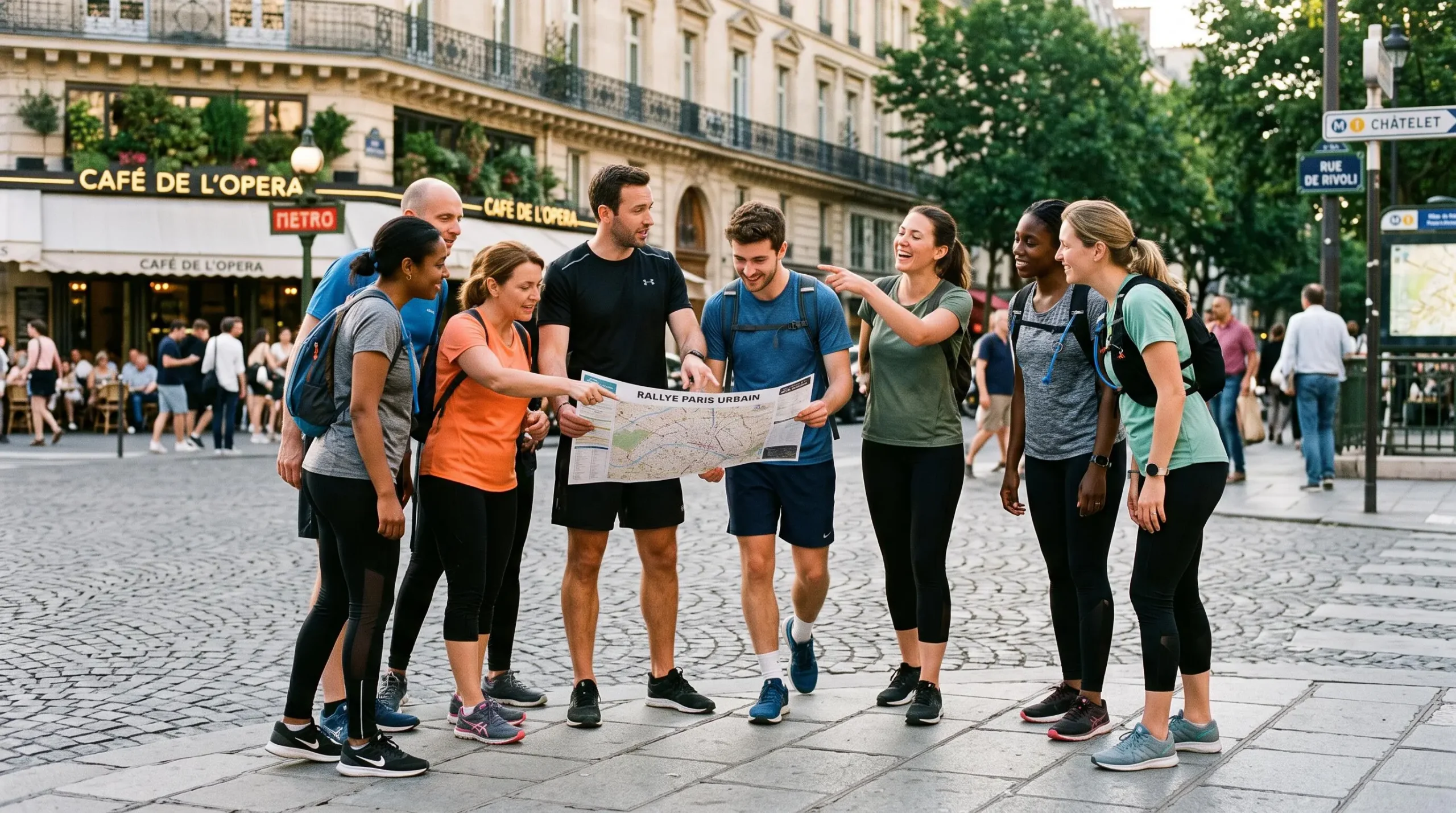 Groupe de collaborateurs diversifié participant à un rallye urbain de team building dans une rue parisienne, consultant ensemble une carte numérique avec sourires et gestes de collaboration