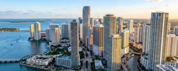 Vue aérienne moderne du quartier Brickell à Miami montrant les tours résidentielles contemporaines et les gratte-ciels de bureaux le long de la baie de Biscayne