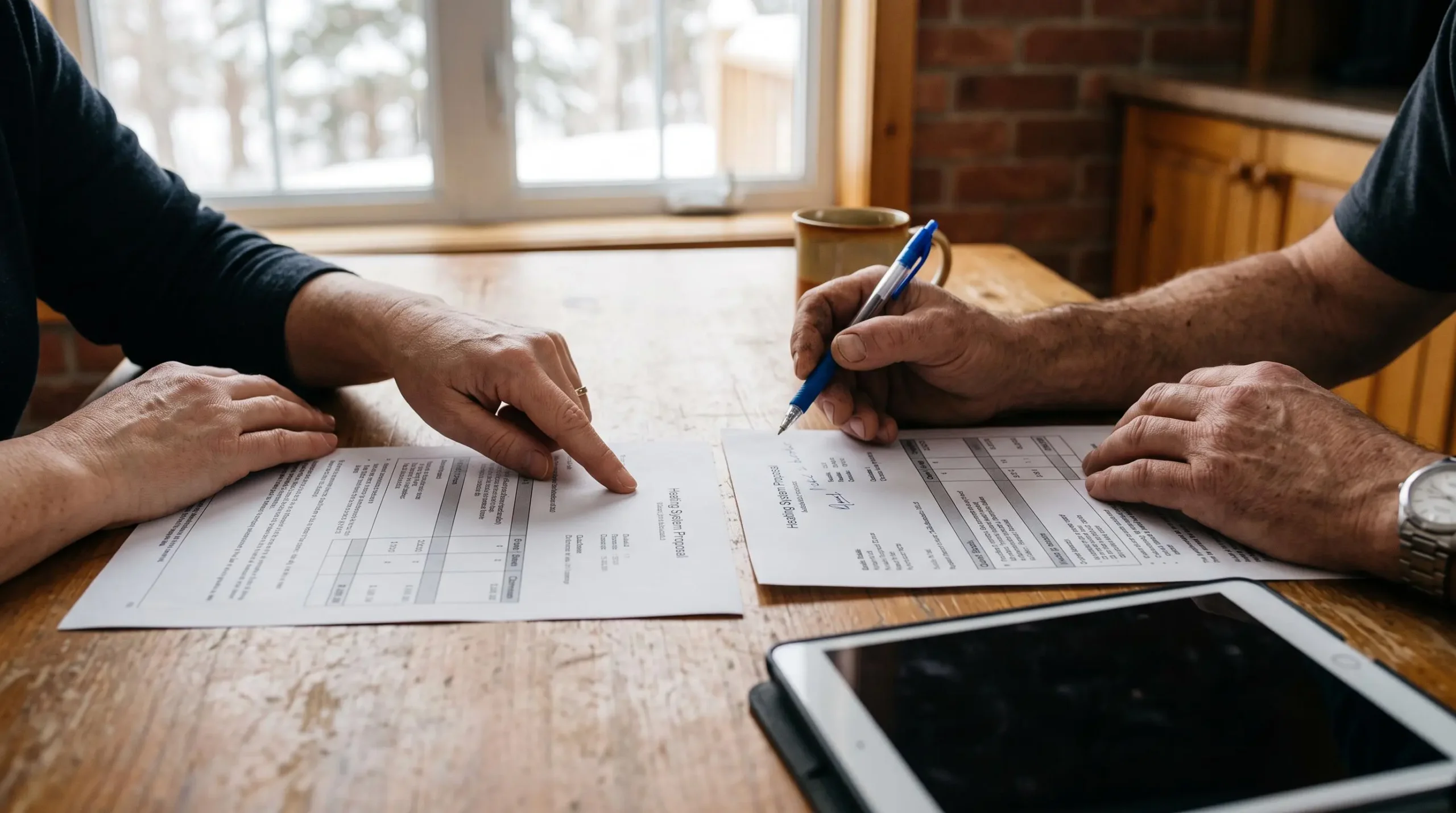 Mains d'un propriétaire et d'un entrepreneur comparant deux soumissions imprimées sur une table de cuisine.