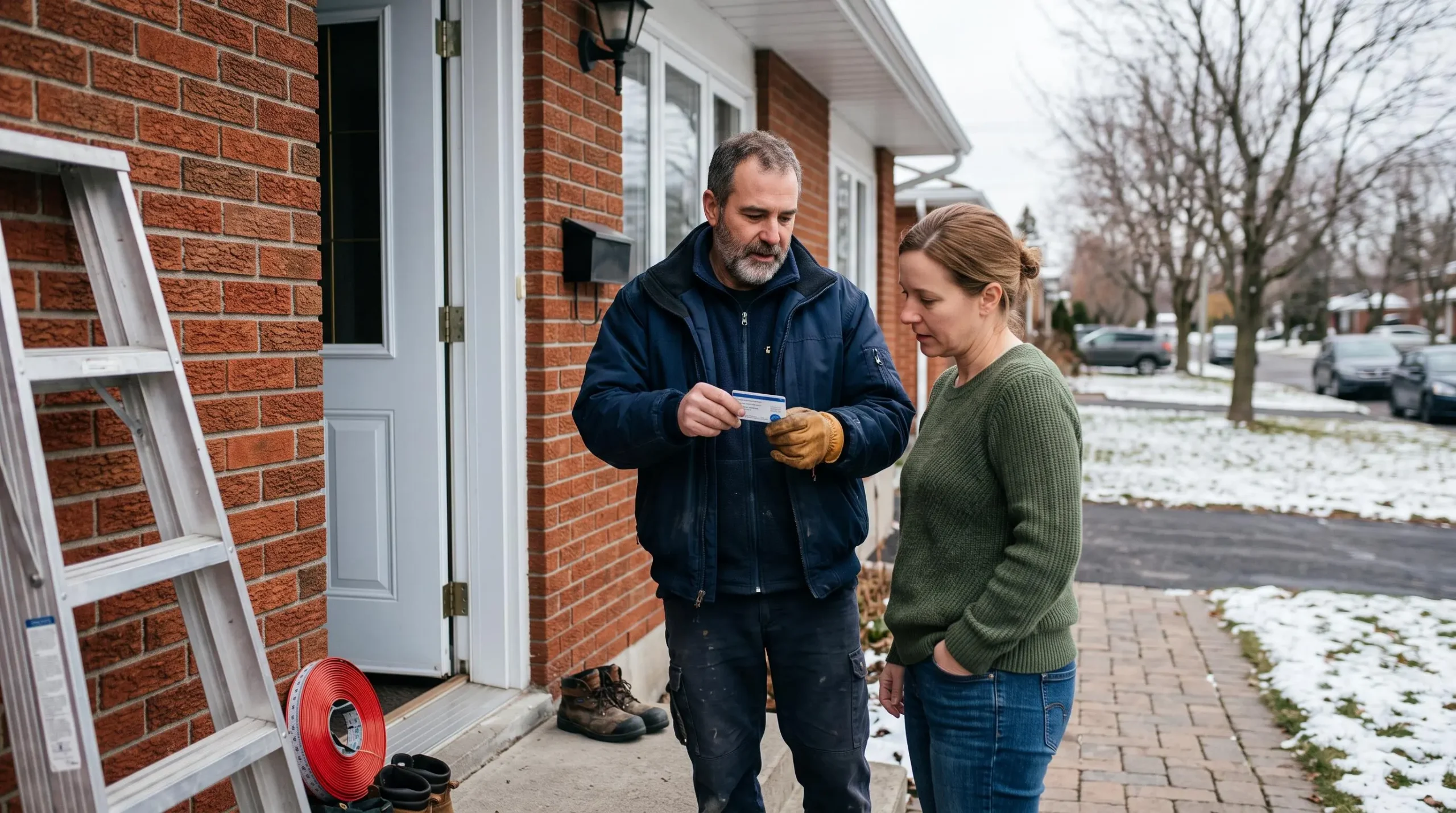 Entrepreneur en chauffage présentant sa carte de licence RBQ au propriétaire devant la porte d'une maison québécoise.