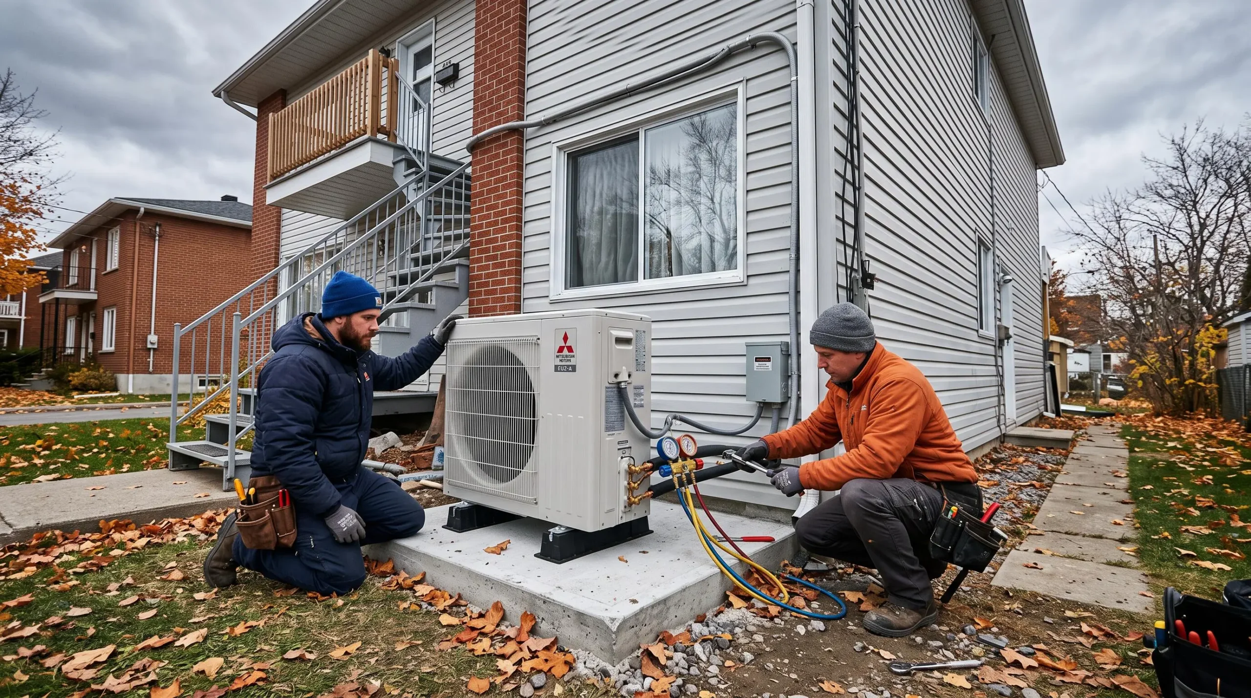 Deux ouvriers installant une thermopompe extérieure sur une dalle de béton devant un duplex montréalais en automne.