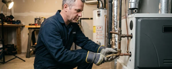 Technicien HVAC accroupi serrant un raccord de cuivre sur une fournaise résidentielle dans une salle mécanique.