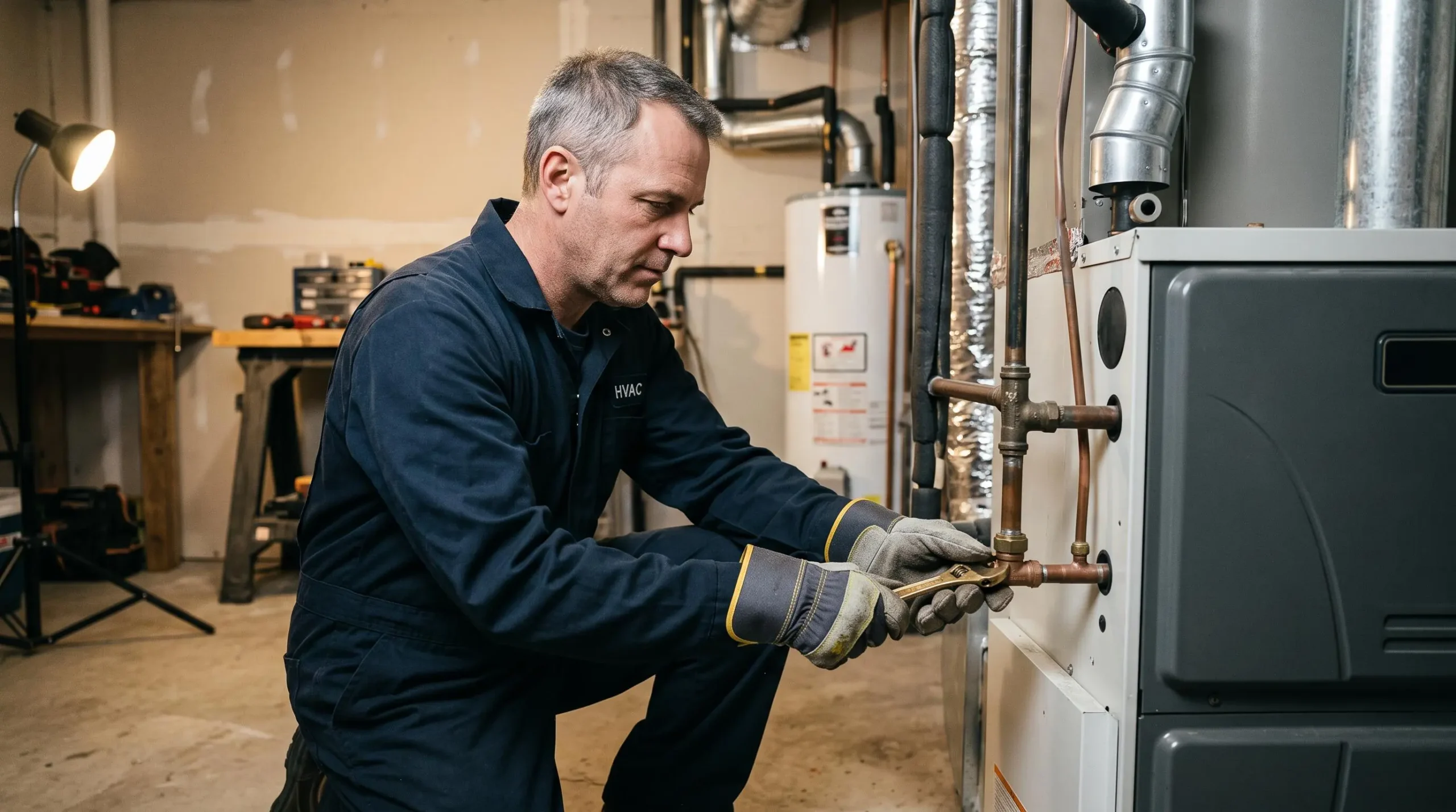 Technicien HVAC accroupi serrant un raccord de cuivre sur une fournaise résidentielle dans une salle mécanique.
